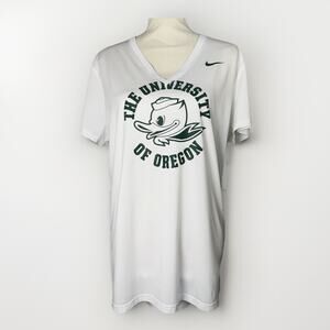 Nike Dri Fit UofO Oregon Ducks Women Large White V-Neck T-Shirt Puddles Tee NCAA